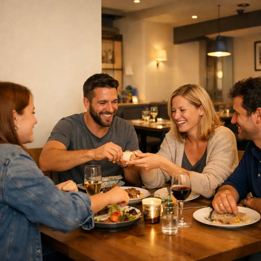 Grupa osób rozmawiających przy wspólnym stole w ciepłym wnętrzu bistro