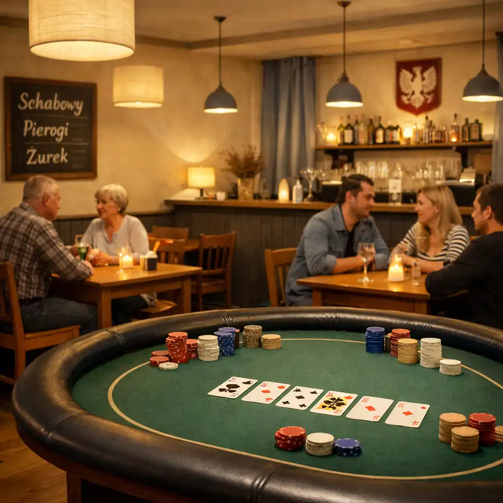 Ciepłe wnętrze bistro z restauracyjnymi stolikami i fizycznym stołem do pokera