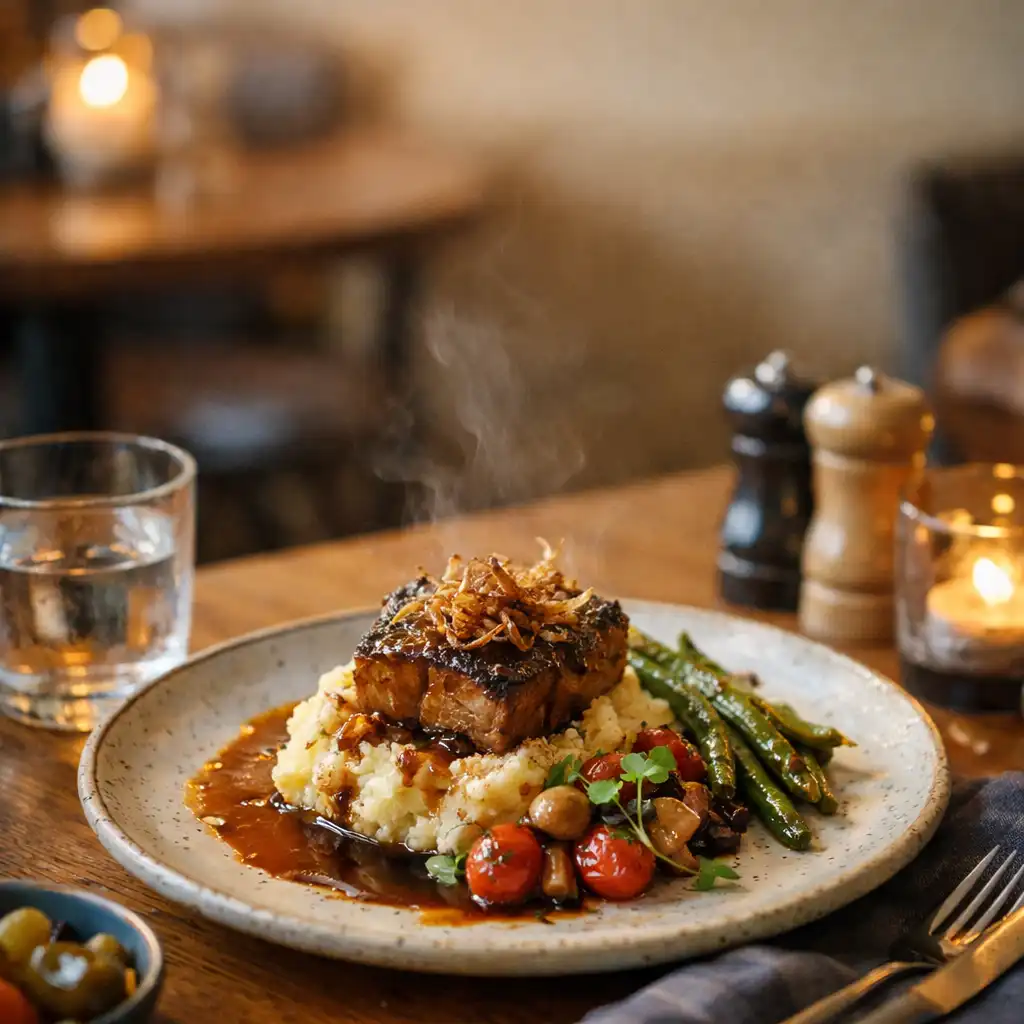 Pełne danie główne na ceramicznym talerzu w ciepłym wnętrzu bistro