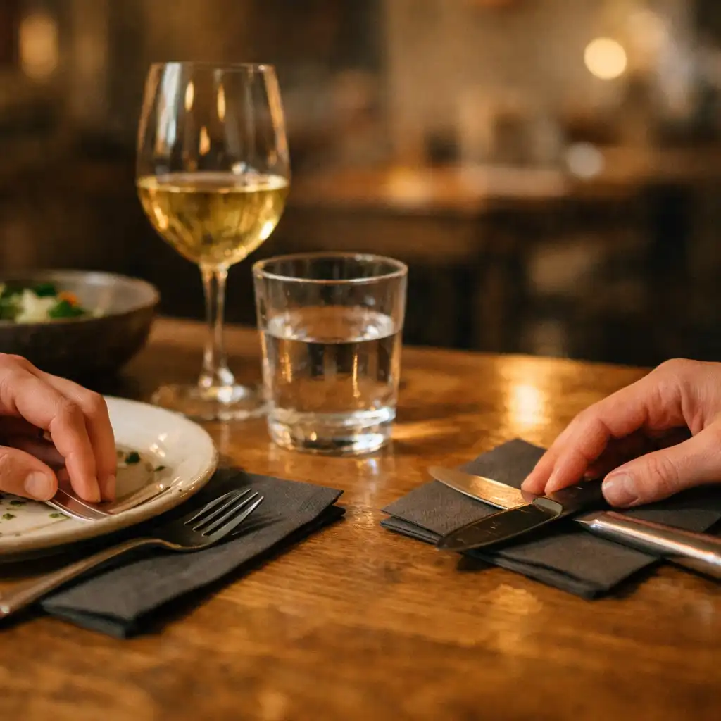 Dłonie dwóch osób przy talerzach i sztućcach na stole restauracyjnym