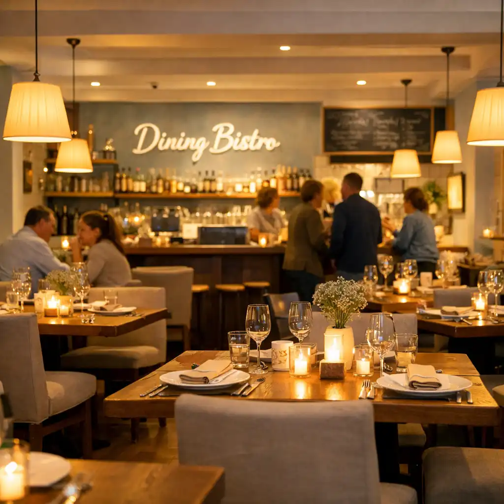 Szerokie ujęcie przyjaznego wnętrza Dining Bistro podczas spokojnego wieczoru