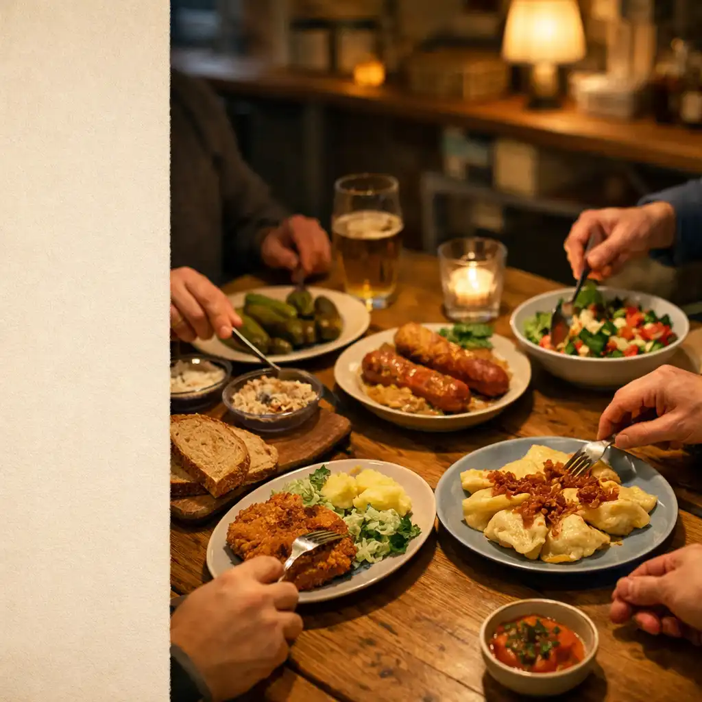 Dłonie gości przy wspólnym stole z talerzami w ciepłym wnętrzu restauracji Dining Bistro